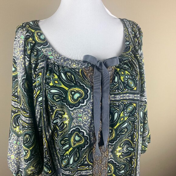 One World Elbow Sleeve Blouse Size M Black Gray Yellow, Paisley Boho Print - Picture 1 of 9